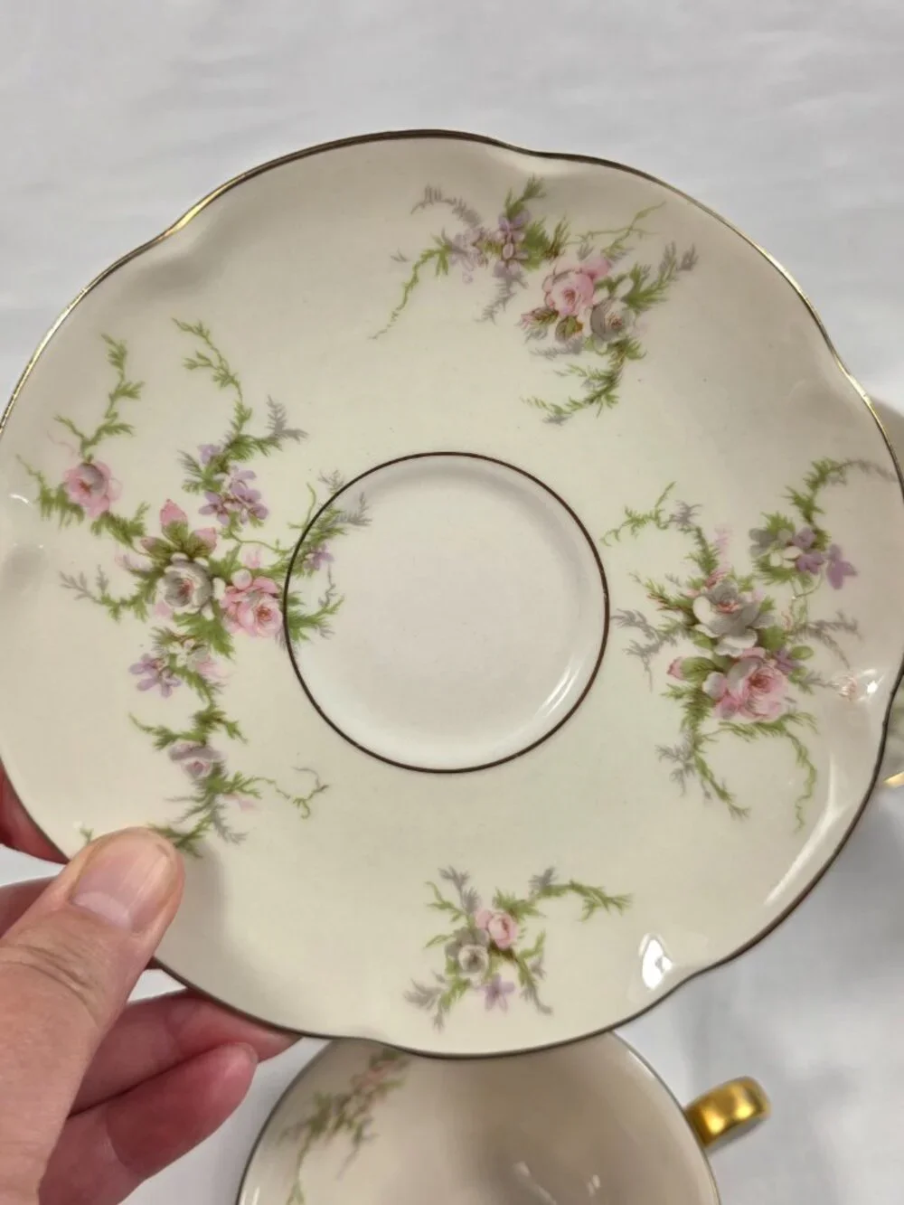 TWO Haviland Rosalinde (New York) Cup & Saucer Sets Pink & Lavendar Flowers